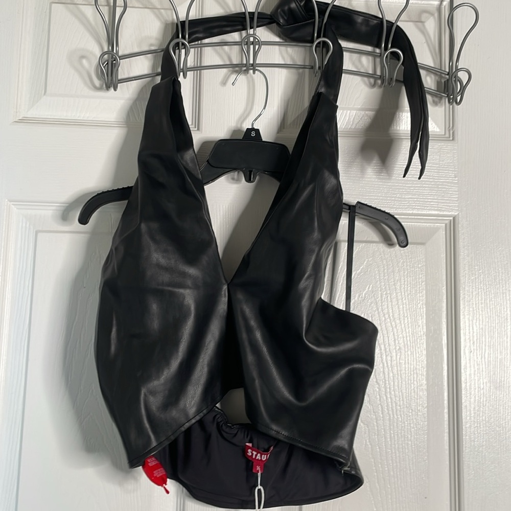 NWT STAUD Kai vegan leather halter crop top - Picture 2 of 4